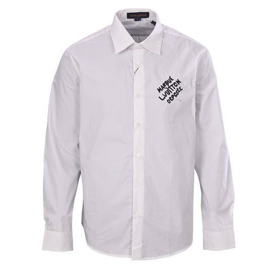 Louis Vuitton White Long-Sleeve Button-Up Shirt with Black Letter Embroidery, Drop-Shoulder Silhouette, Shell Buttons and Curved High-Low Hem