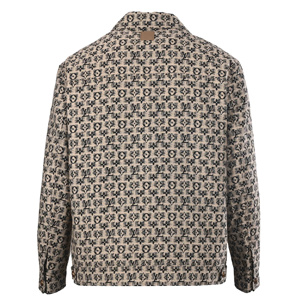 Louis Vuitton Beige All-Over Monogram Jacket with Embroidered Logo Motifs, Button-Up Trucker Silhouette, Twin Chest Pockets and Bronze-Tone Buttons