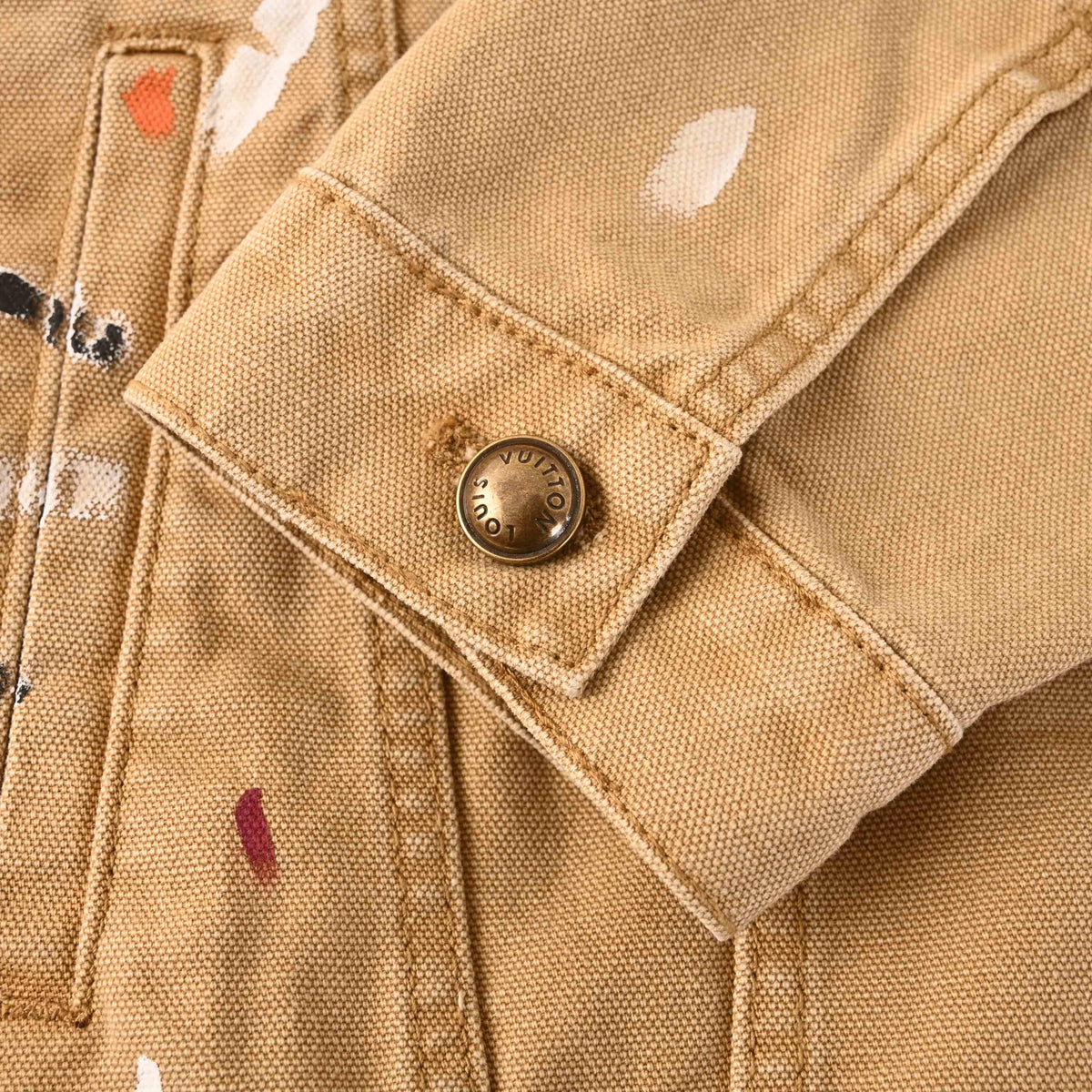 Louis Vuitton Khaki Paint-Splatter Denim Trucker Jacket, Graffiti-Inspired Designer Outerwear with Vintage Workwear Style