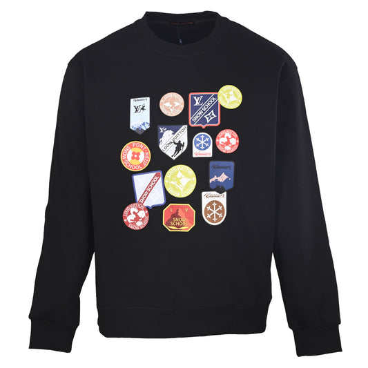 Louis Vuitton Black Snow School Badge Graphic Sweatshirt, Oversized Unisex Cotton Crewneck with Multicolor Puff Print for Casual Streetwear