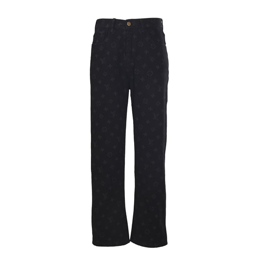 Louis Vuitton Black Tonal Monogram Straight-Leg Jeans, Unisex All-Over Logo Denim Pants with Contrast Waist Patch for Designer Streetwear