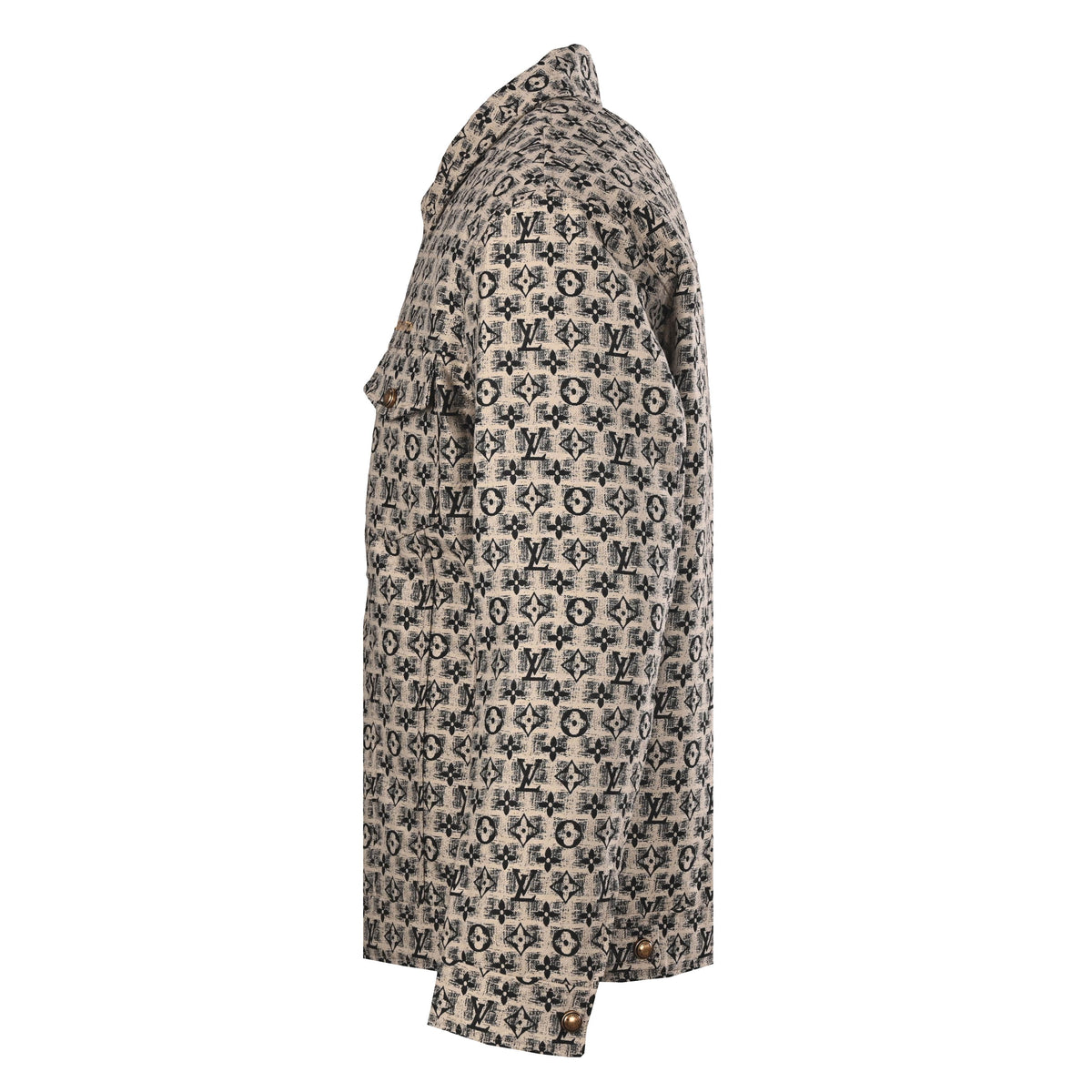 Louis Vuitton Beige All-Over Monogram Jacket with Embroidered Logo Motifs, Button-Up Trucker Silhouette, Twin Chest Pockets and Bronze-Tone Buttons