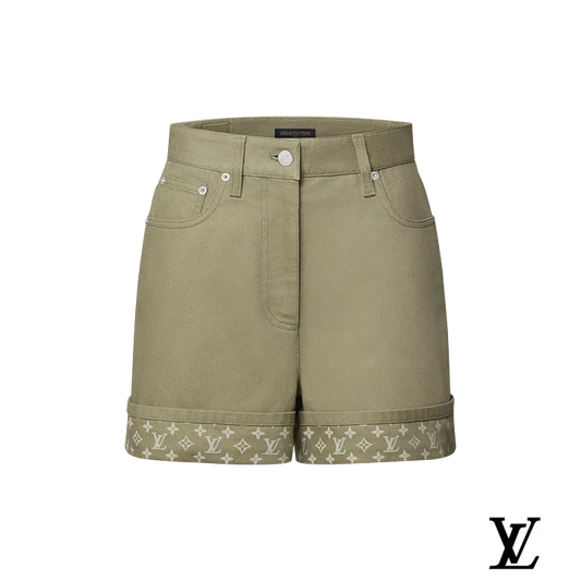 Louis Vuitton Olive Cuffed Denim Shorts with Monogram Hem
