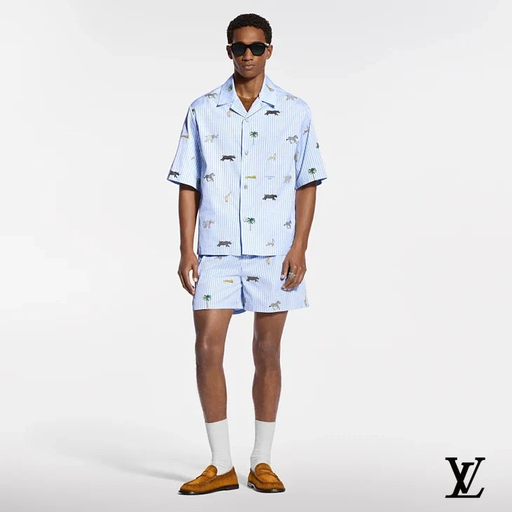 Louis Vuitton Light Blue Striped Animal-Print Shorts