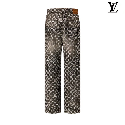 Louis Vuitton Vintage Grey Monogram Allover Print Wide-Leg Denim Pants