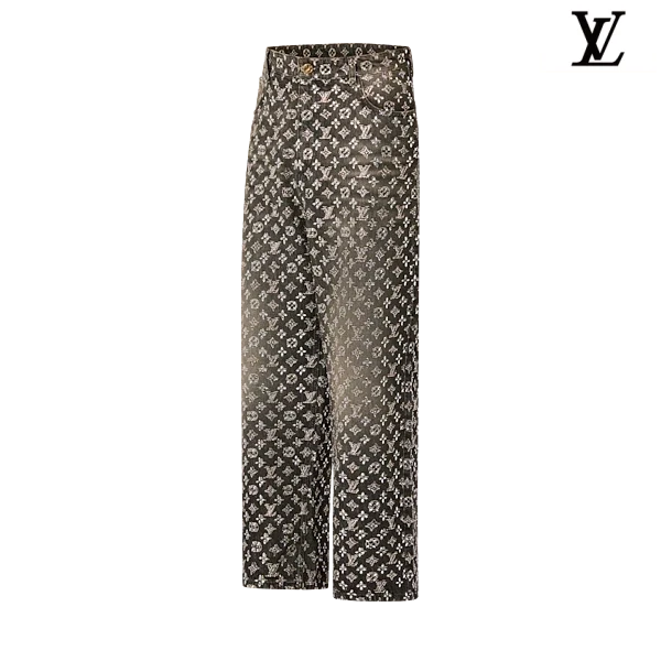 Louis Vuitton Vintage Grey Monogram Allover Print Wide-Leg Denim Pants
