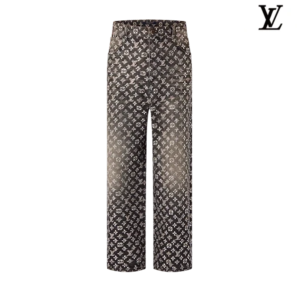 Louis Vuitton Vintage Grey Monogram Allover Print Wide-Leg Denim Pants