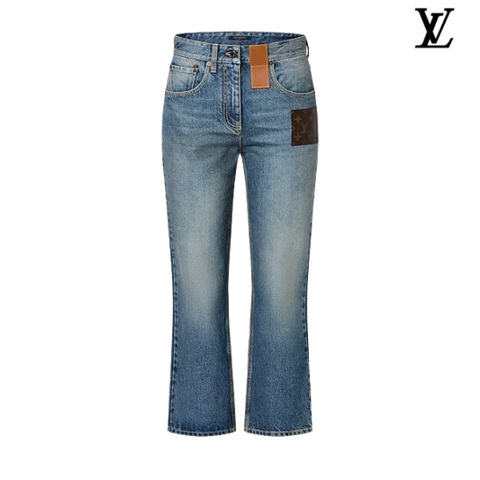 Louis Vuitton Light Blue Monogram Patch Flared Denim Pants