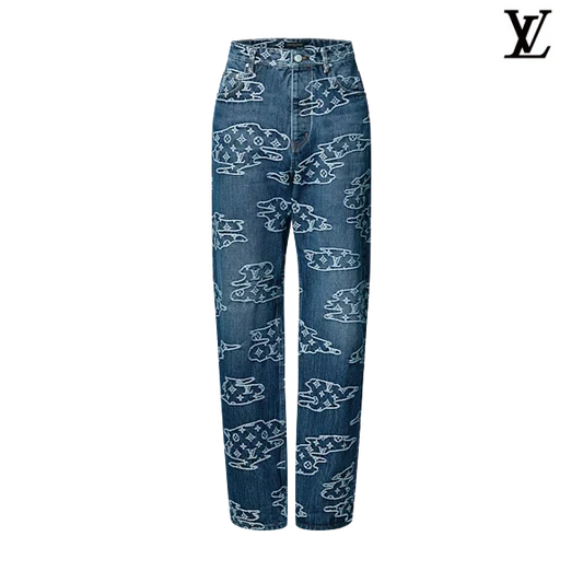 Louis Vuitton Blue Sketch Monogram Print Denim Pants