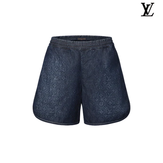 Louis Vuitton Dark Blue Monogram Embossed Elastic Waist Denim Shorts