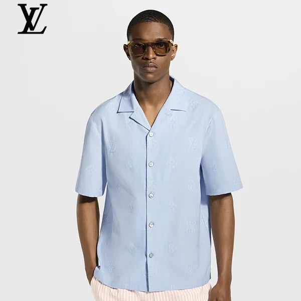Louis Vuitton Light Blue Subtle Monogram Camp Collar Short Sleeve Shirt