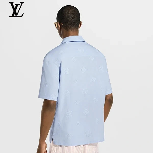 Louis Vuitton Light Blue Subtle Monogram Camp Collar Short Sleeve Shirt