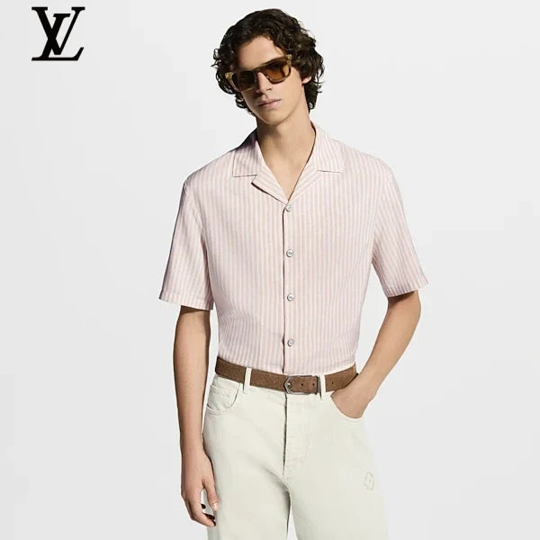 Louis Vuitton Pink White Vertical Stripe Camp Collar Short Sleeve Shirt
