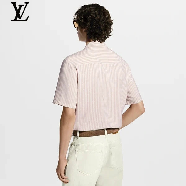 Louis Vuitton Pink White Vertical Stripe Camp Collar Short Sleeve Shirt