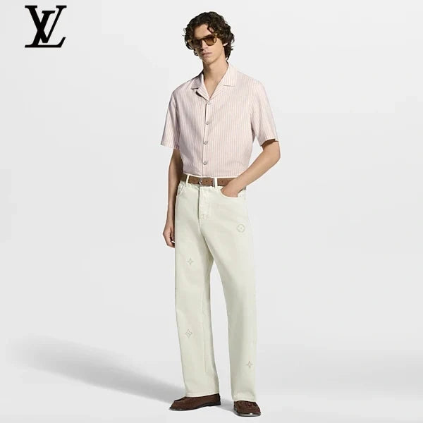 Louis Vuitton Pink White Vertical Stripe Camp Collar Short Sleeve Shirt