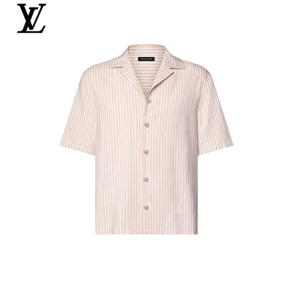 Louis Vuitton Pink White Vertical Stripe Camp Collar Short Sleeve Shirt
