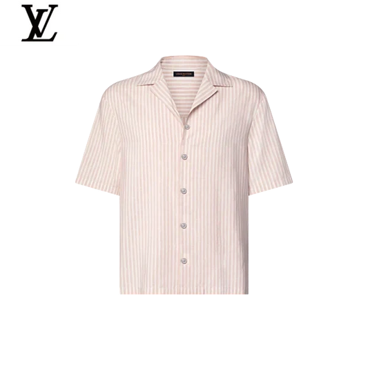 Louis Vuitton Pink White Vertical Stripe Camp Collar Short Sleeve Shirt
