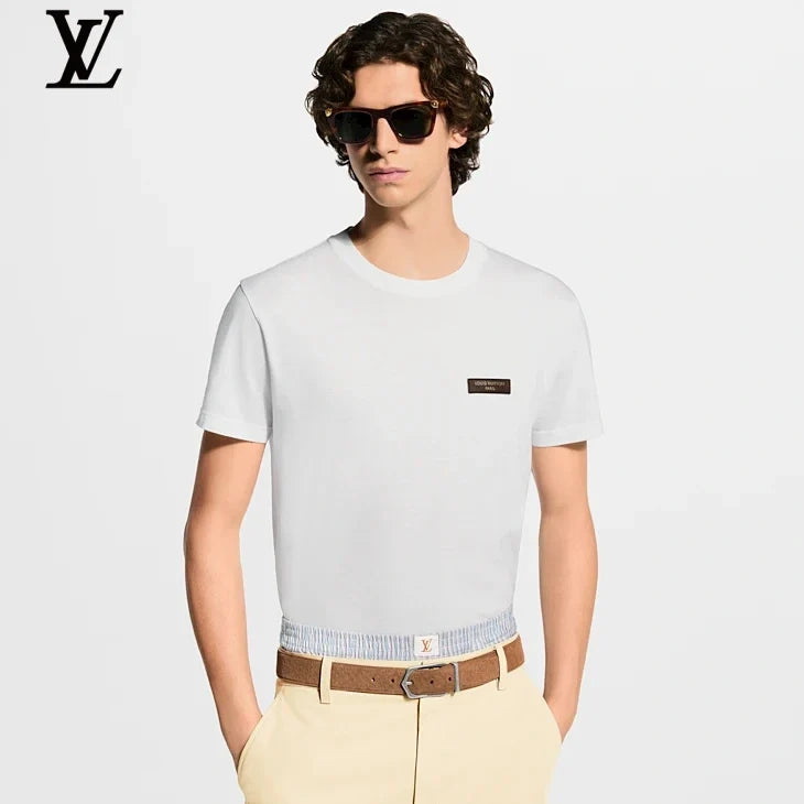 Louis Vuitton White Leather Patch Logo Crew Neck Short Sleeve T-Shirt