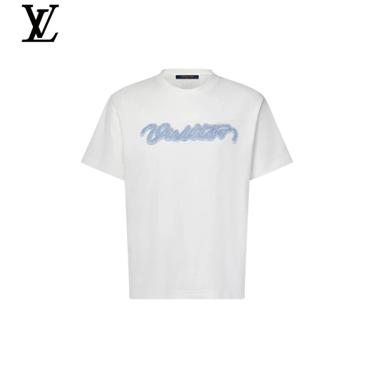 Louis Vuitton White Blue Frayed Script Logo Cotton Short Sleeve Tee